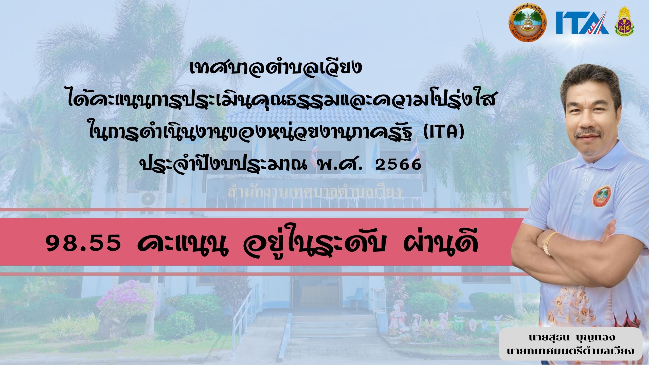 เ﻿ทศบาลตำบลเวียง ได้คะแนนการประเมินคุณธรรมและความโปร่งใสในการดำเนินงานของหน่วยงานภาครัฐ (ITA) ประจำปีงบประมาณ พ.ศ. 2566  98.55 คะแนน อยู่ในระดับ ผ่านดี